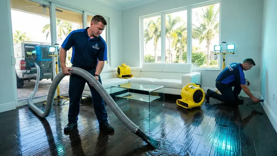 Restoration technicians extracting water from a water damaged living room