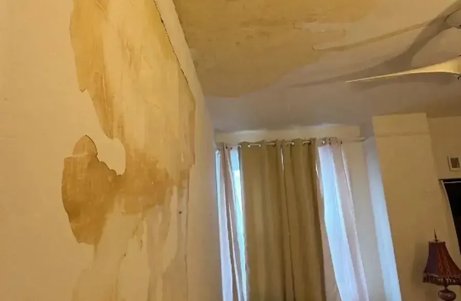 Water stains running down an interior wall after wind-driven rain