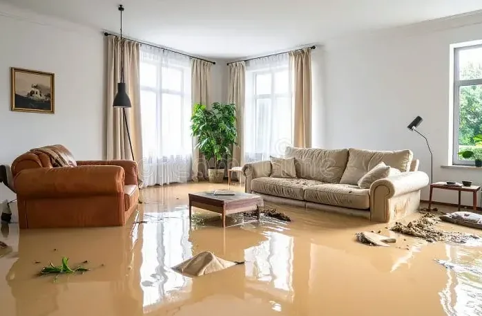 Muddy storm floodwater across a living room floor around the furniture