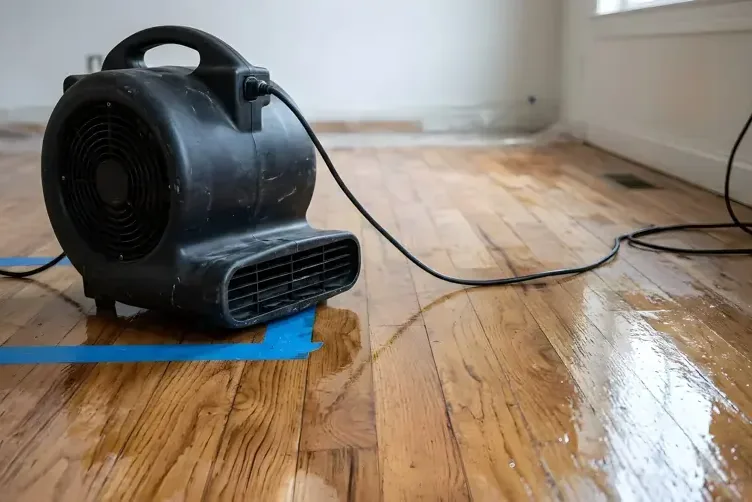 Air mover blowing across a wet hardwood floor
