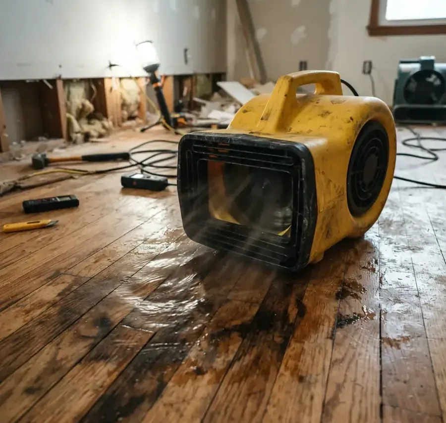 Air mover drying a soaked hardwood floor beside opened drywall