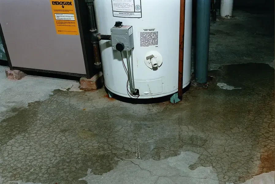 Water heater leaking from its base and spreading across the floor